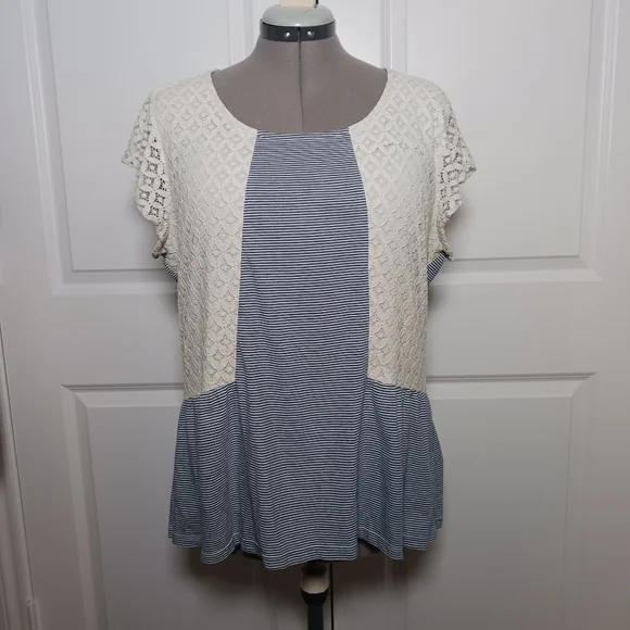 Hannah Blue & White Striped Top with Crochet Sleeves - Picture 1 of 5